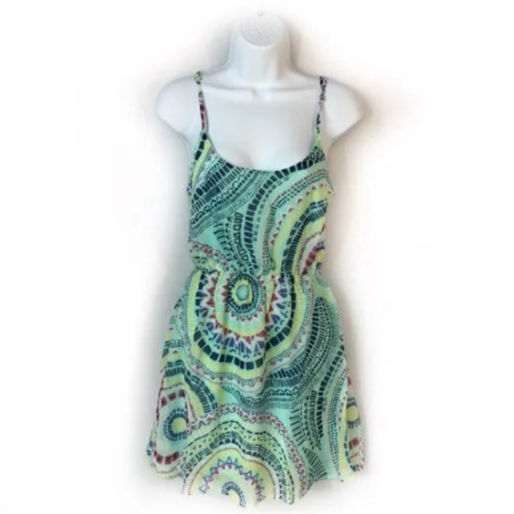 Ocean Drive Mini Dress Aqua Green Chiffon Medium Cut Out Sun Burst Beach